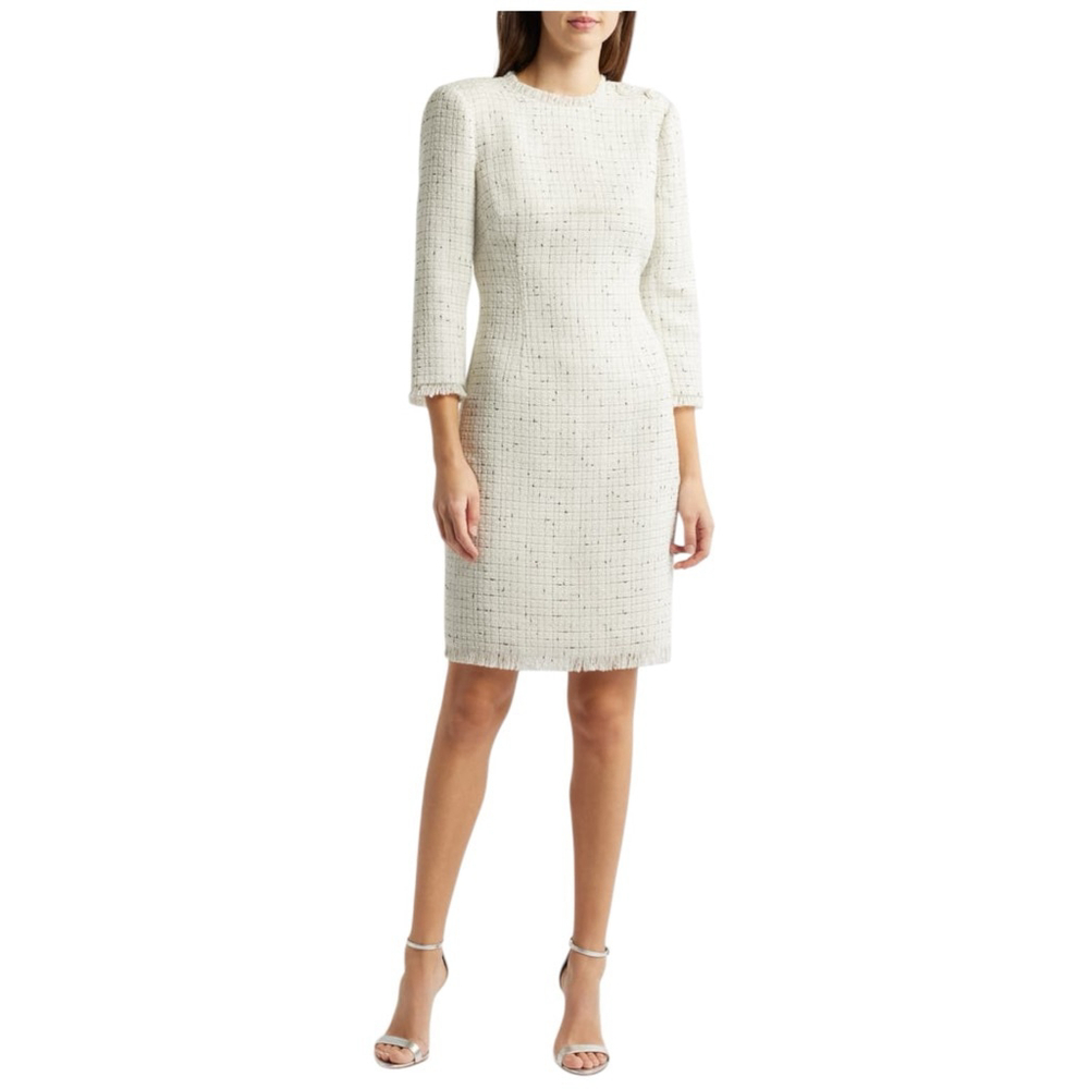 ELIZA J New With Tag Fringe Trim Bouclé Tweed Sheath Dress Ivory White Size 6